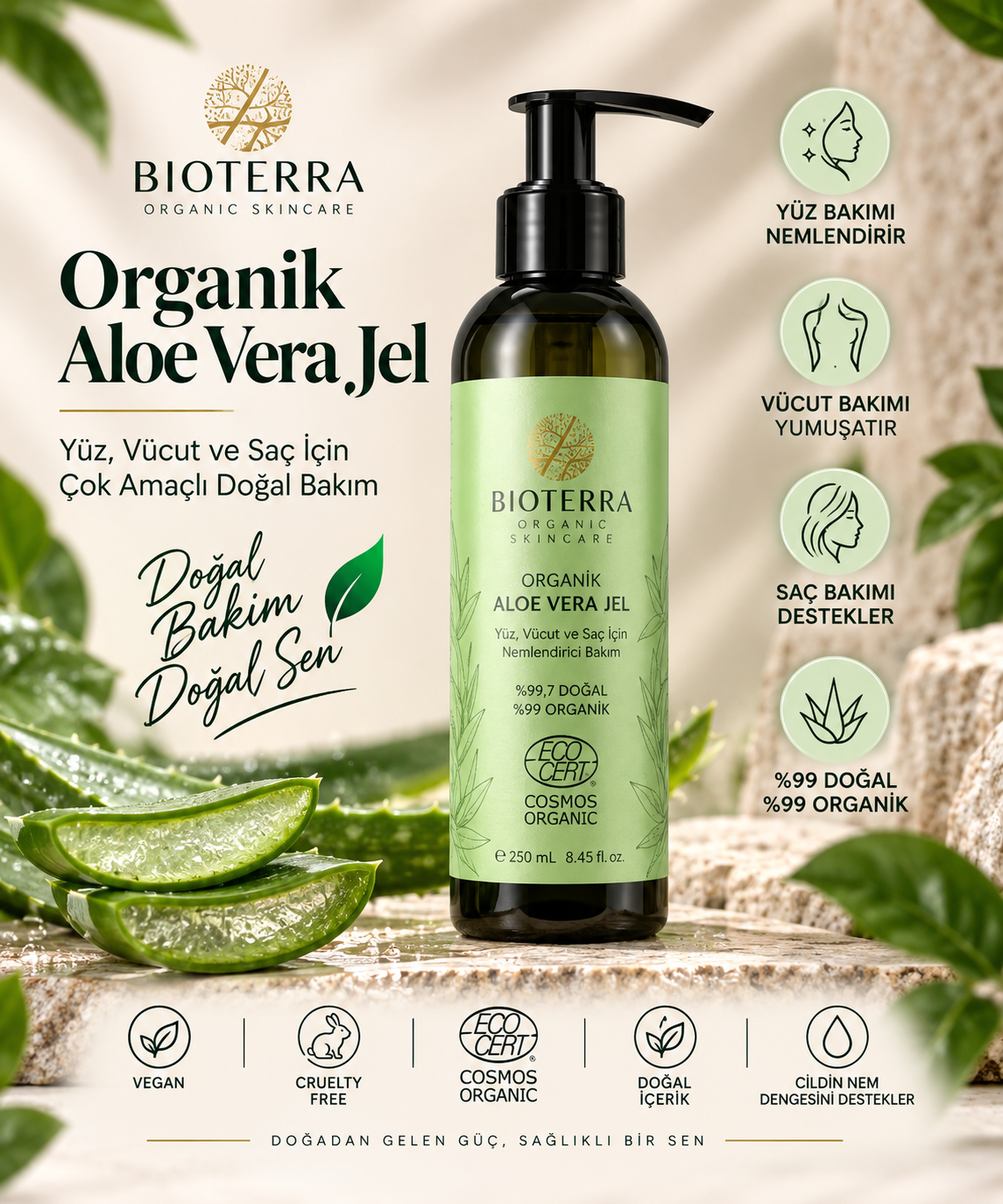 Bioterra Organik Aloe Vera Jel 250 ml | Yüz, Vücut ve Saç Bakımı