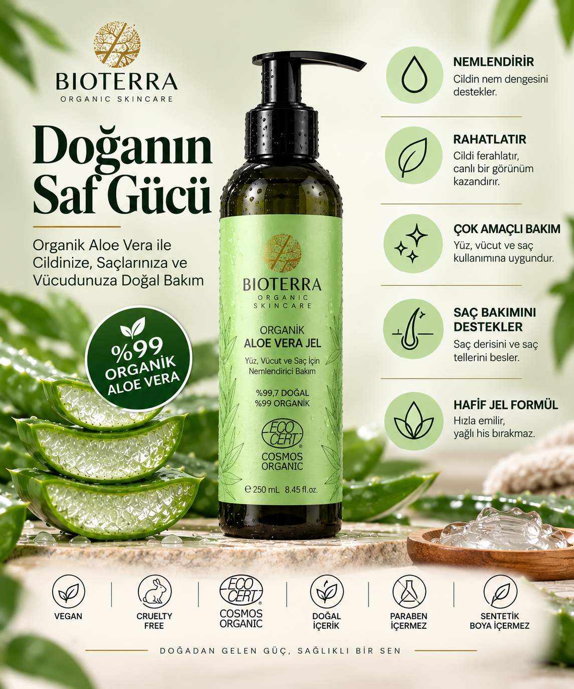 Bioterra Organik Aloe Vera Jel 250 ml | Yüz, Vücut ve Saç Bakımı