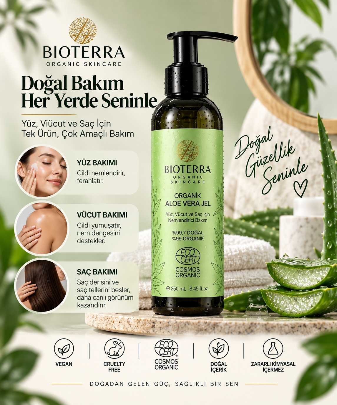 Bioterra Organik Aloe Vera Jel 250 ml | Yüz, Vücut ve Saç Bakımı