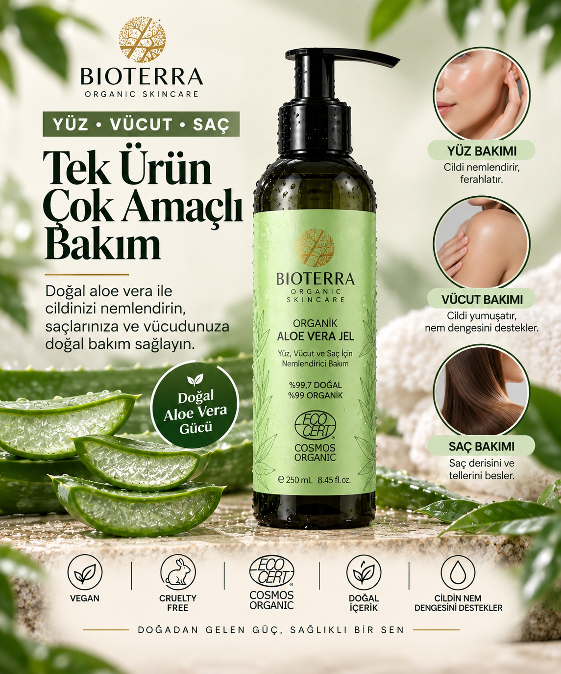 Bioterra Organik Aloe Vera Jel 250 ml | Yüz, Vücut ve Saç Bakımı