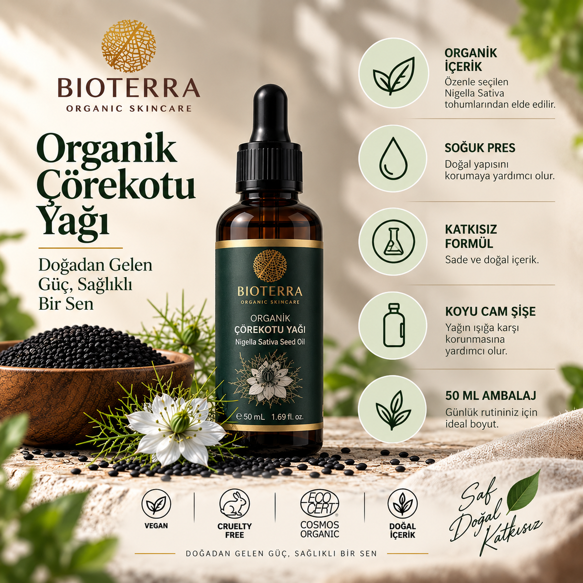 Bioterra Organik Çörekotu Yağı 50 ml | Soğuk Pres