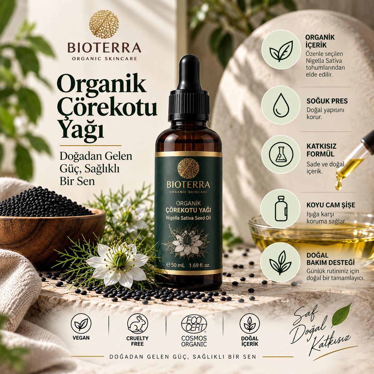 Bioterra Organik Çörekotu Yağı 50 ml | Soğuk Pres