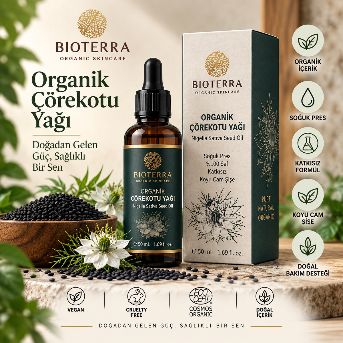 Bioterra Organik Çörekotu Yağı 50 ml | Soğuk Pres