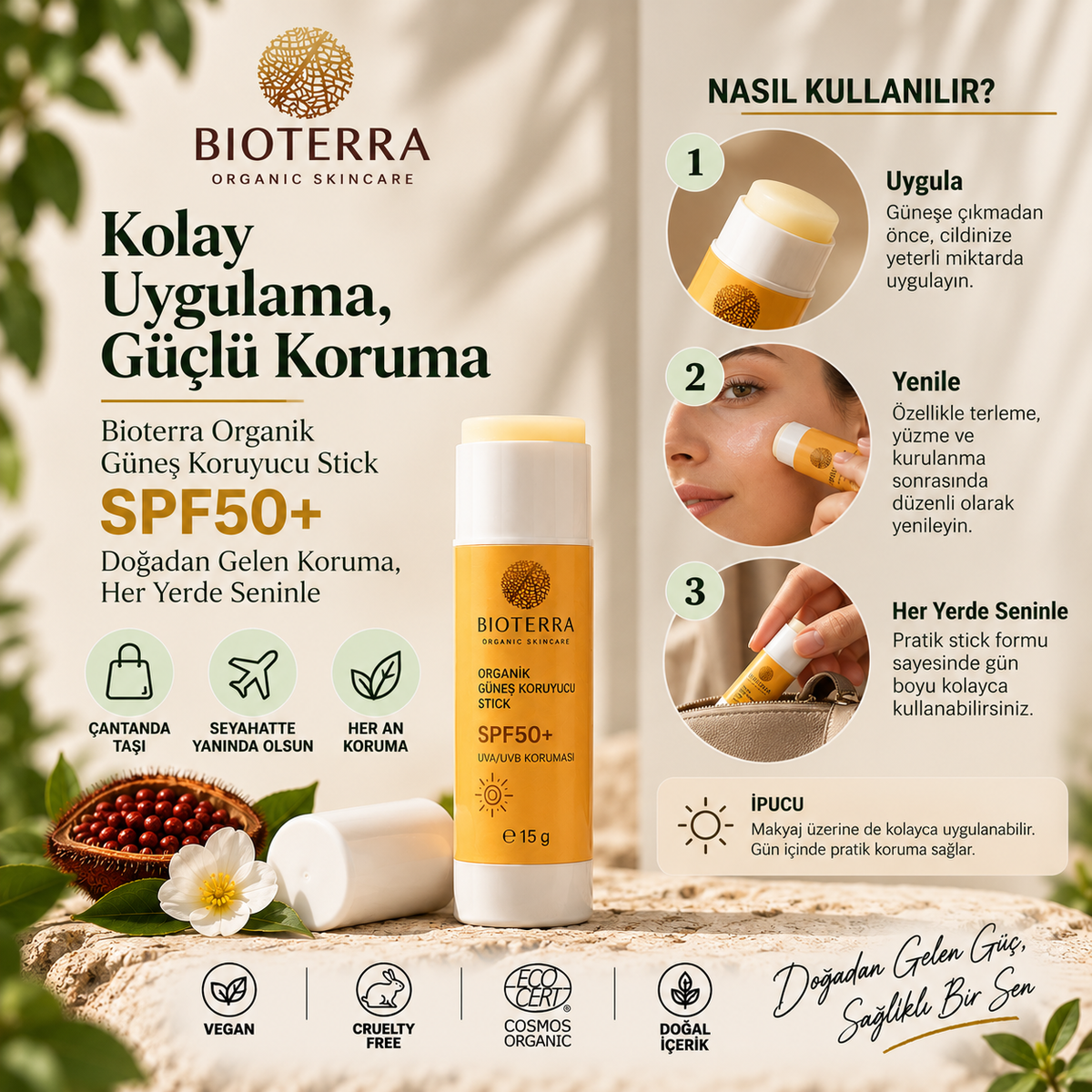 Bioterra Organik Güneş Koruyucu Stick SPF50+ 15 g