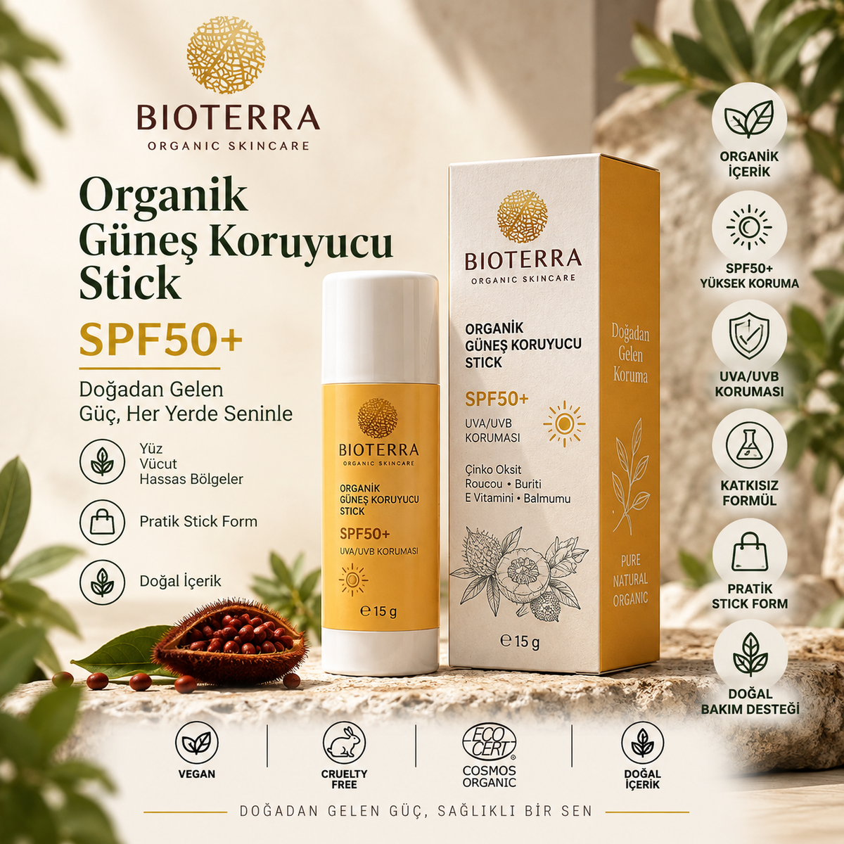 Bioterra Organik Güneş Koruyucu Stick SPF50+ 15 g