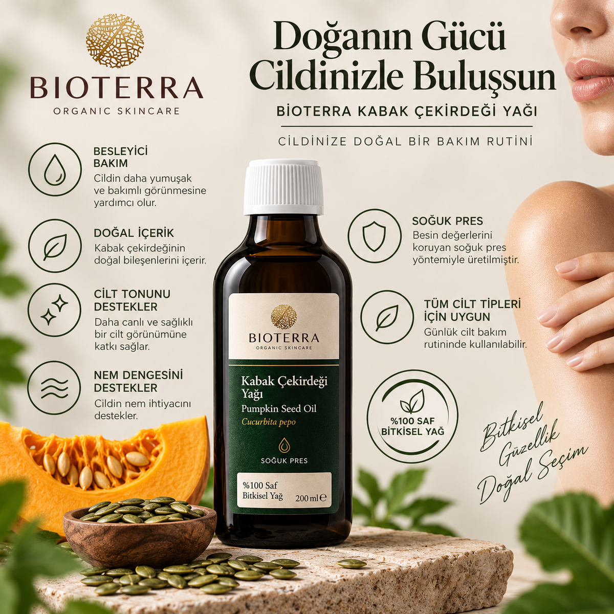 Bioterra Kabak Çekirdeği Yağı 200 ml | Soğuk Pres
